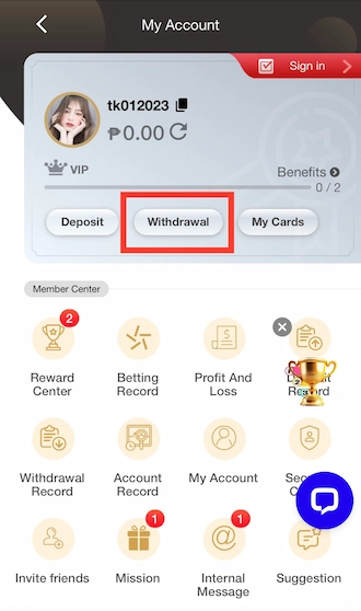 Log in to the PHmacao homepage then select Withdrawal